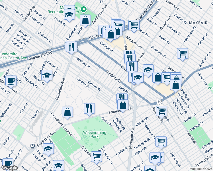map of restaurants, bars, coffee shops, grocery stores, and more near 6206 Revere Street in Philadelphia