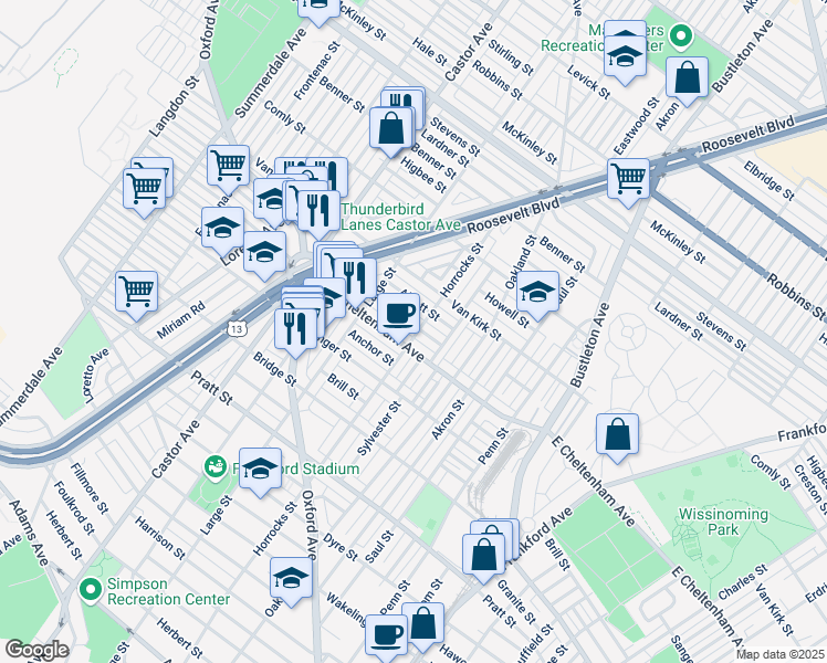 map of restaurants, bars, coffee shops, grocery stores, and more near 1439 Rosalie Street in Philadelphia