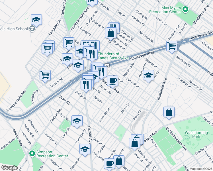 map of restaurants, bars, coffee shops, grocery stores, and more near 1401 East Cheltenham Avenue in Philadelphia