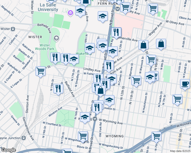 map of restaurants, bars, coffee shops, grocery stores, and more near 5054 North 15th Street in Philadelphia