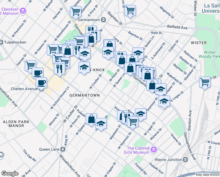 map of restaurants, bars, coffee shops, grocery stores, and more near 104 West Penn Street in Philadelphia
