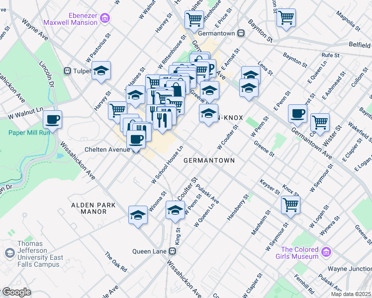 map of restaurants, bars, coffee shops, grocery stores, and more near 5500 Wayne Avenue in Philadelphia