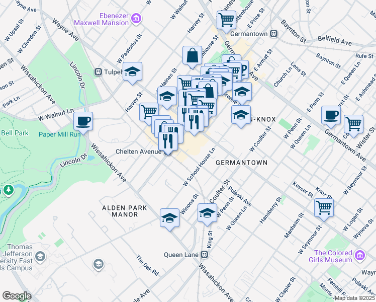 map of restaurants, bars, coffee shops, grocery stores, and more near 212 West Chelten Avenue in Philadelphia