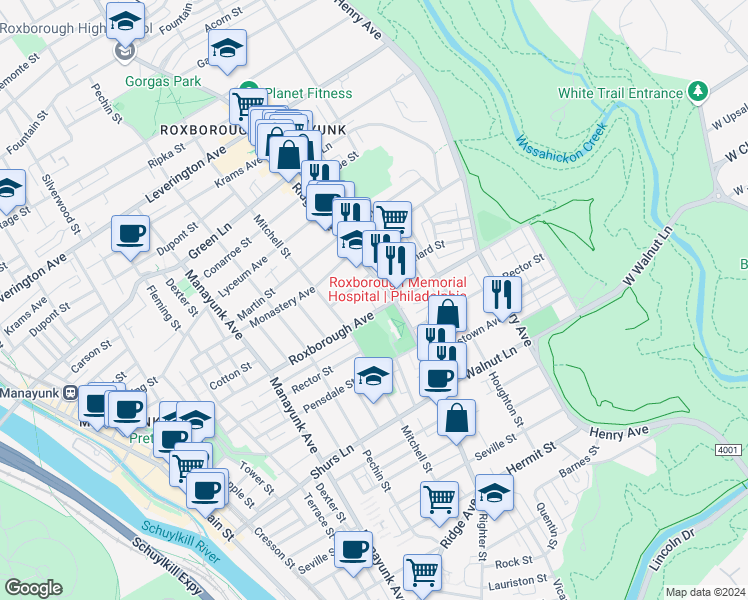 map of restaurants, bars, coffee shops, grocery stores, and more near 5933 Ridge Avenue in Philadelphia