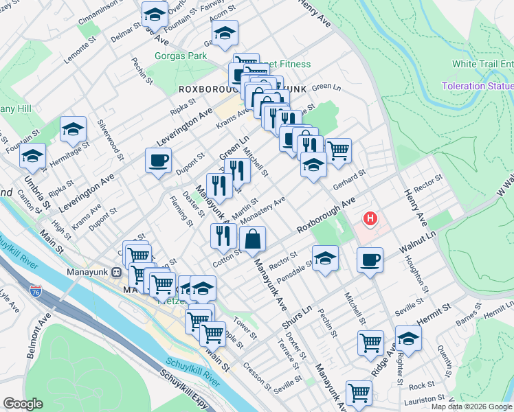 map of restaurants, bars, coffee shops, grocery stores, and more near 419 Martin Street in Philadelphia