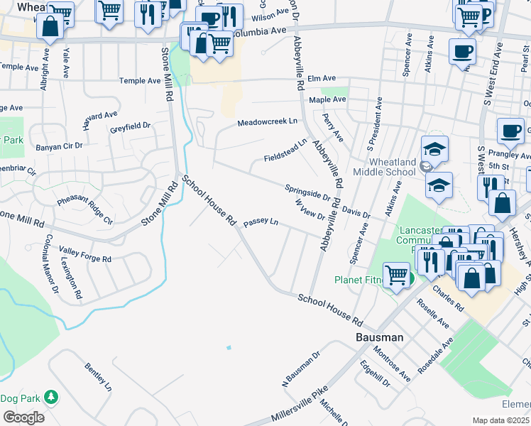 map of restaurants, bars, coffee shops, grocery stores, and more near 1509 Passey Lane in Lancaster