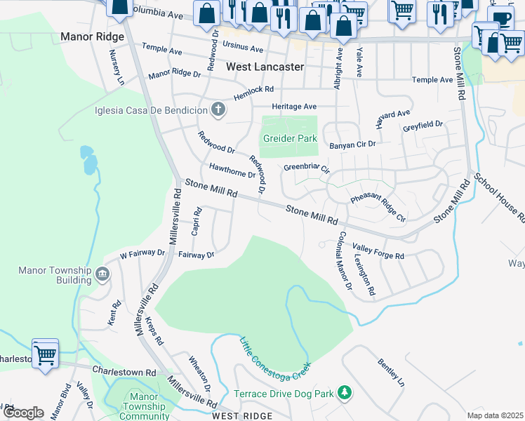 map of restaurants, bars, coffee shops, grocery stores, and more near 513 Garden Hill Lane in Lancaster