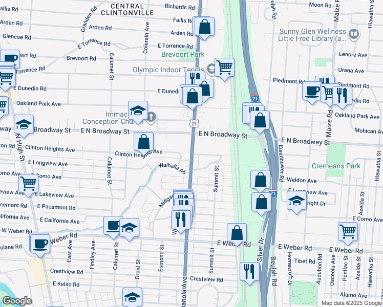 map of restaurants, bars, coffee shops, grocery stores, and more near 3262 Indianola Avenue in Columbus