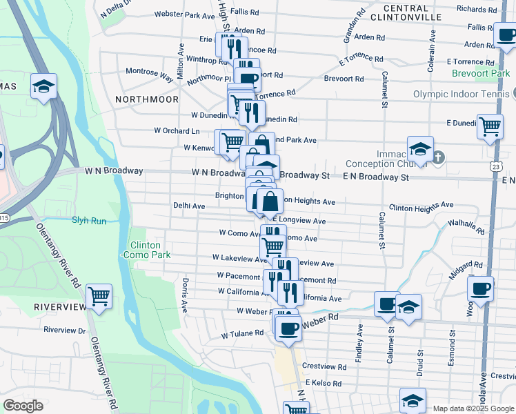 map of restaurants, bars, coffee shops, grocery stores, and more near 21 Brighton Road in Columbus