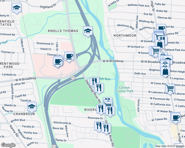map of restaurants, bars, coffee shops, grocery stores, and more near 3440 Olentangy River Road in Columbus