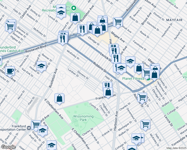map of restaurants, bars, coffee shops, grocery stores, and more near 6206 Revere Street in Philadelphia