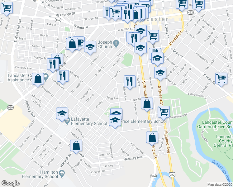 map of restaurants, bars, coffee shops, grocery stores, and more near 454 New Dorwart Street in Lancaster