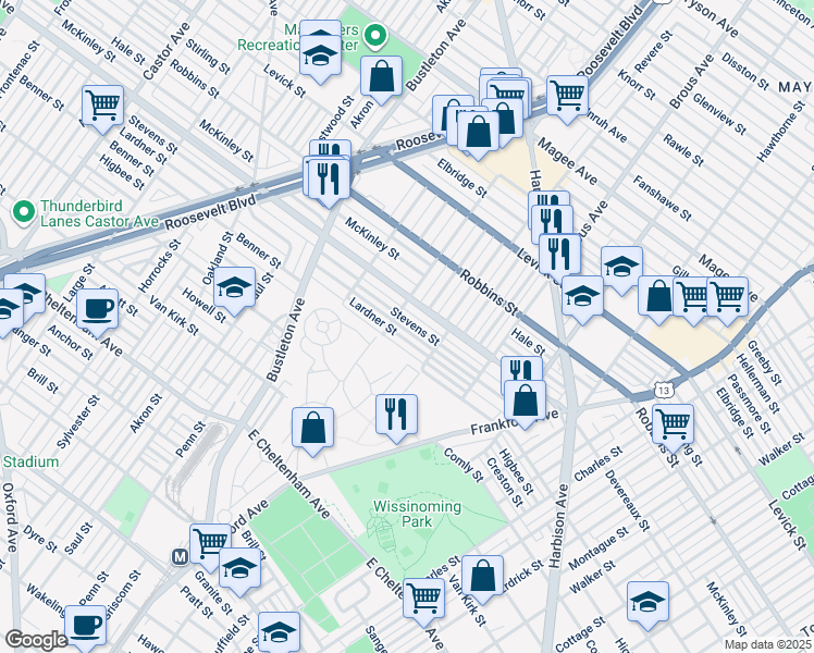 map of restaurants, bars, coffee shops, grocery stores, and more near 2714 Stevens Street in Philadelphia
