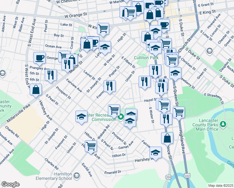 map of restaurants, bars, coffee shops, grocery stores, and more near 676 Union Street in Lancaster