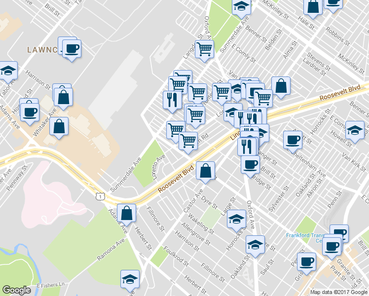 map of restaurants, bars, coffee shops, grocery stores, and more near 5512 Miriam Road in Philadelphia