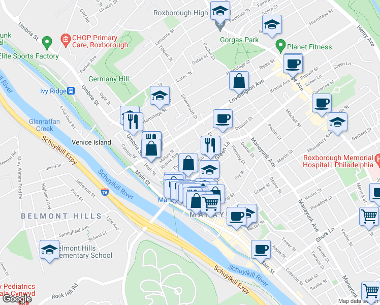 map of restaurants, bars, coffee shops, grocery stores, and more near 200 Dupont Street in Philadelphia