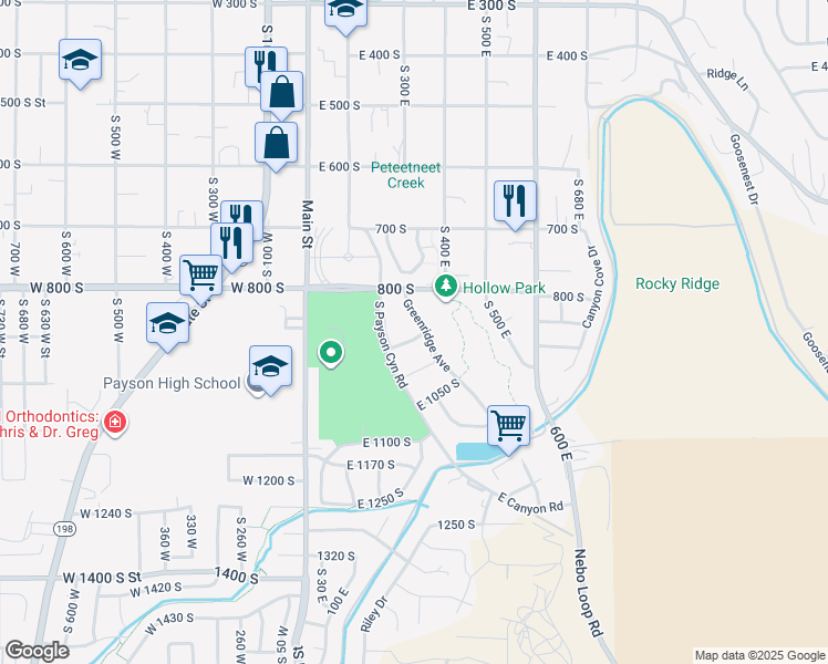map of restaurants, bars, coffee shops, grocery stores, and more near 309 East 900 South in Payson