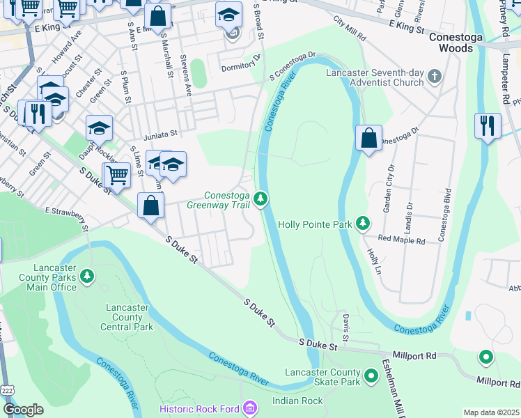 map of restaurants, bars, coffee shops, grocery stores, and more near Greenway Path in Lancaster
