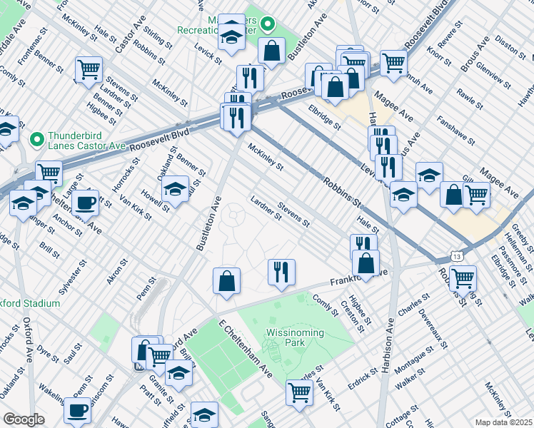 map of restaurants, bars, coffee shops, grocery stores, and more near 2150 Lardner Street in Philadelphia