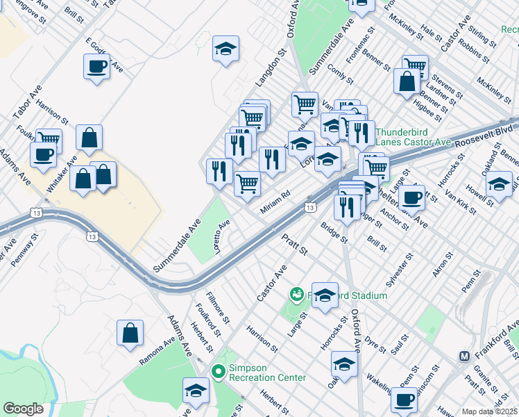 map of restaurants, bars, coffee shops, grocery stores, and more near 5512 Miriam Road in Philadelphia