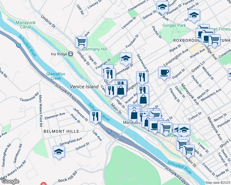 map of restaurants, bars, coffee shops, grocery stores, and more near 4623 Umbria Street in Philadelphia