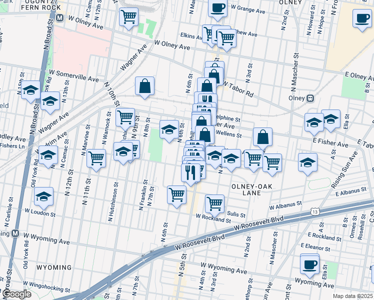 map of restaurants, bars, coffee shops, grocery stores, and more near 5146 North Fairhill Street in Philadelphia