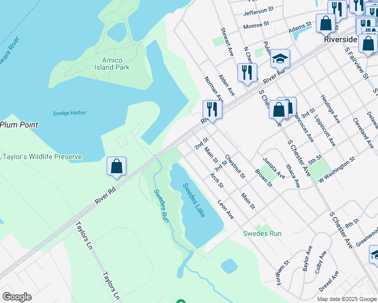 map of restaurants, bars, coffee shops, grocery stores, and more near 108 Arch Street in Delran