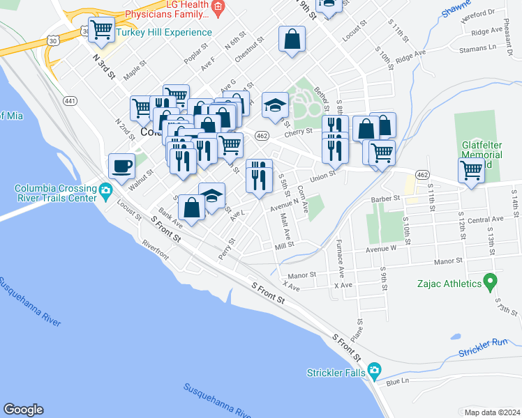 map of restaurants, bars, coffee shops, grocery stores, and more near 210 South 4th Street in Columbia