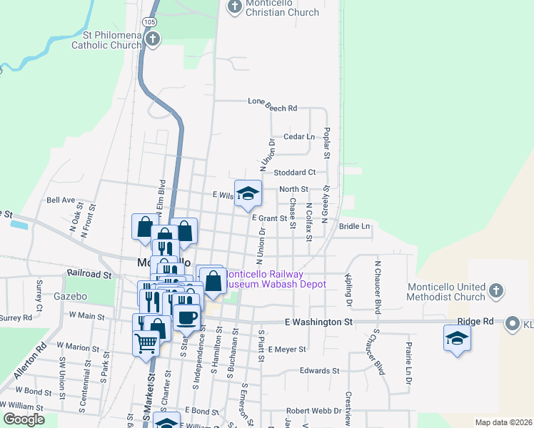 map of restaurants, bars, coffee shops, grocery stores, and more near 700 North Buchanan Street in Monticello