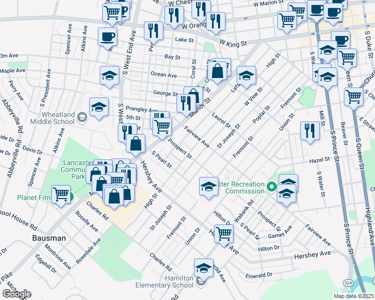 map of restaurants, bars, coffee shops, grocery stores, and more near 71 Prospect Street in Lancaster