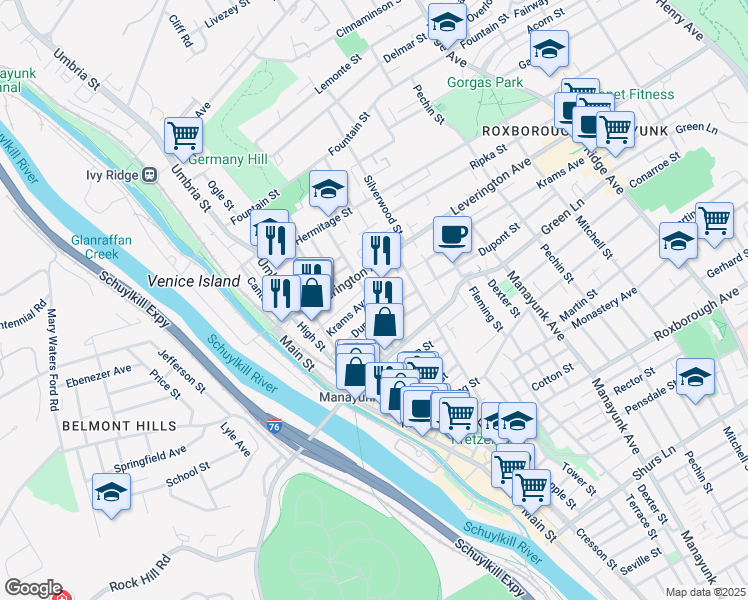 map of restaurants, bars, coffee shops, grocery stores, and more near 197 Krams Avenue in Philadelphia