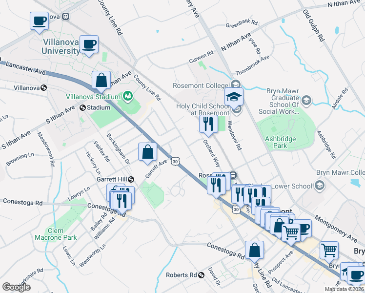 map of restaurants, bars, coffee shops, grocery stores, and more near 1445 County Line Road in Bryn Mawr