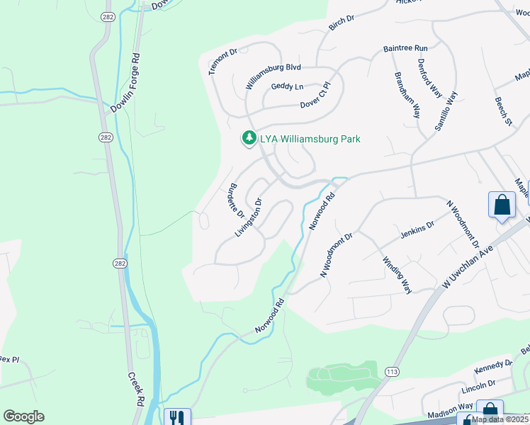 map of restaurants, bars, coffee shops, grocery stores, and more near 906 Kings Arms Drive in Downingtown