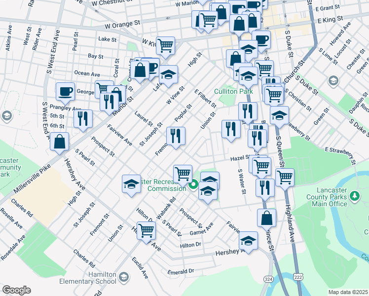 map of restaurants, bars, coffee shops, grocery stores, and more near 337 Laurel Street in Lancaster