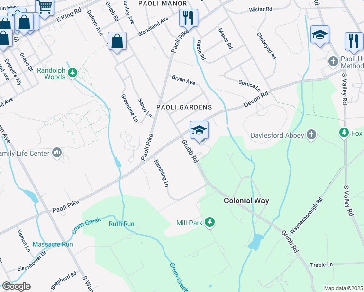 map of restaurants, bars, coffee shops, grocery stores, and more near 102 Grubb Road in Malvern