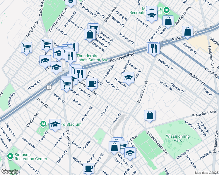 map of restaurants, bars, coffee shops, grocery stores, and more near 5859R Sylvester Street in Philadelphia