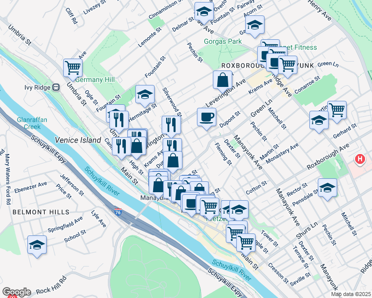 map of restaurants, bars, coffee shops, grocery stores, and more near 221 Dupont Street in Philadelphia