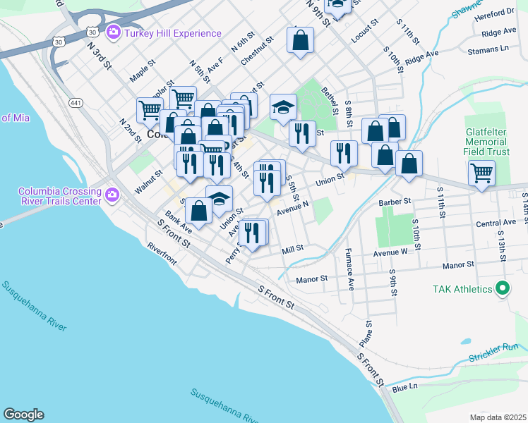 map of restaurants, bars, coffee shops, grocery stores, and more near 338 Perry Street in Columbia