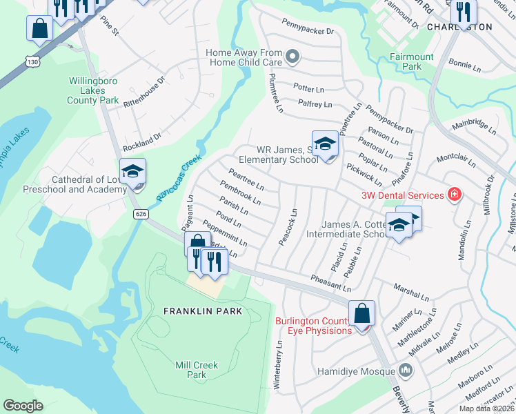 map of restaurants, bars, coffee shops, grocery stores, and more near 54 Pembrook Lane in Willingboro