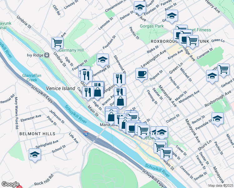 map of restaurants, bars, coffee shops, grocery stores, and more near 197 Krams Avenue in Philadelphia
