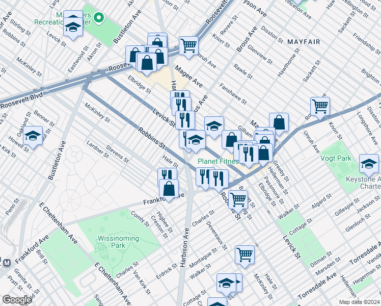 map of restaurants, bars, coffee shops, grocery stores, and more near 6306 Battersby Street in Philadelphia