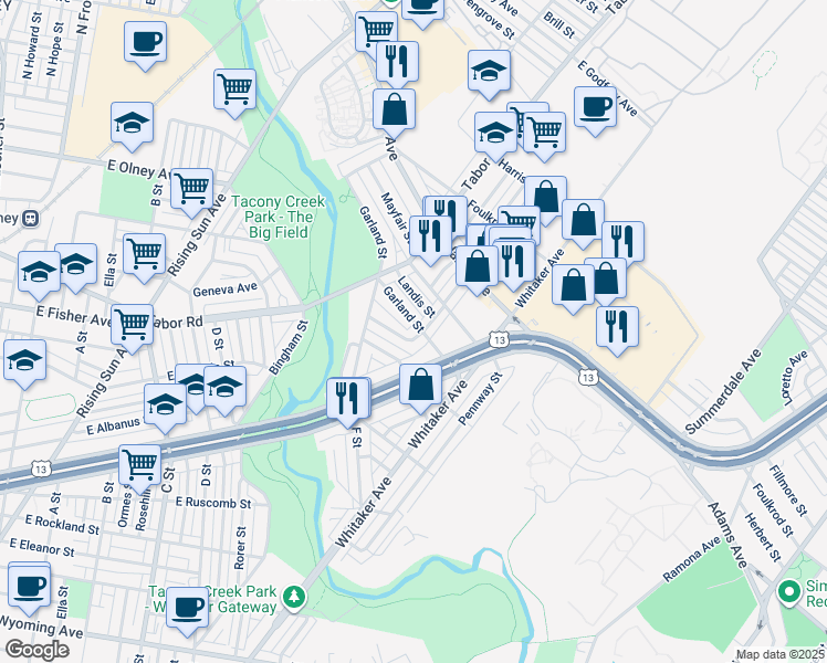 map of restaurants, bars, coffee shops, grocery stores, and more near 5166 Montour Street in Philadelphia