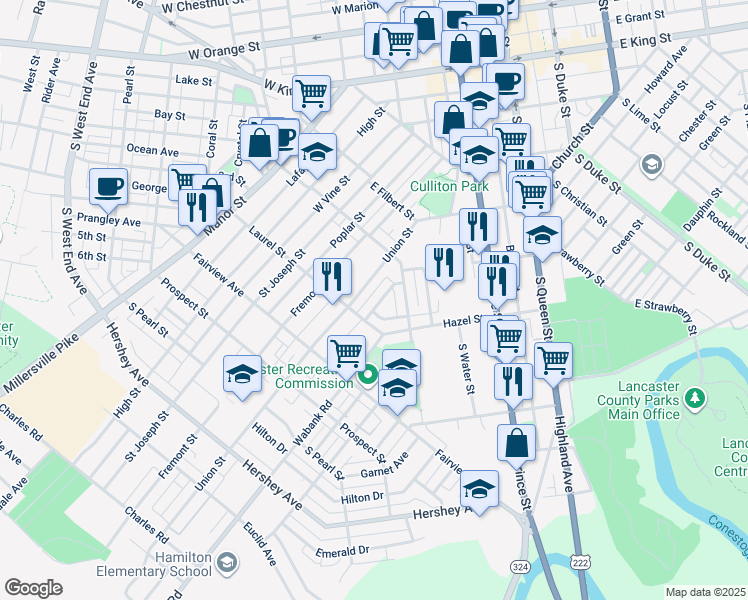 map of restaurants, bars, coffee shops, grocery stores, and more near 657 Hebrank Street in Lancaster