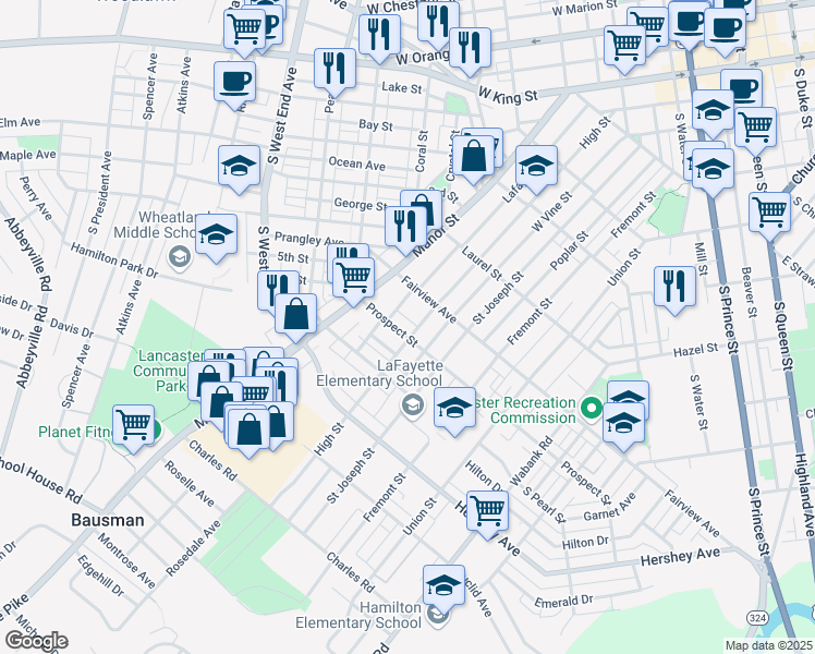 map of restaurants, bars, coffee shops, grocery stores, and more near 69 Prospect Street in Lancaster