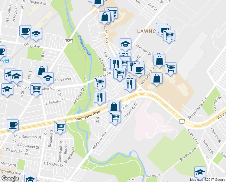 map of restaurants, bars, coffee shops, grocery stores, and more near 5166 Montour Street in Philadelphia