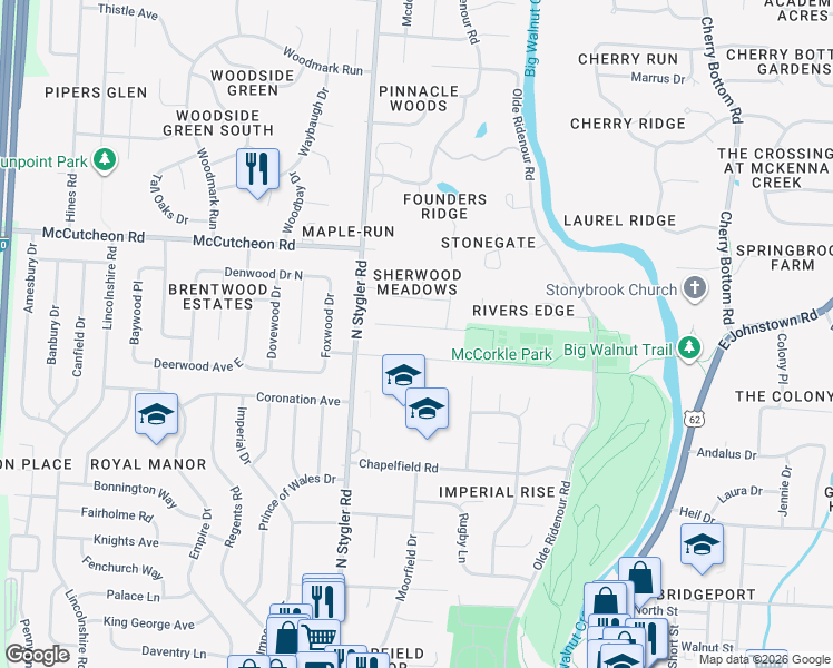 map of restaurants, bars, coffee shops, grocery stores, and more near 295 Marjoram Drive in Columbus
