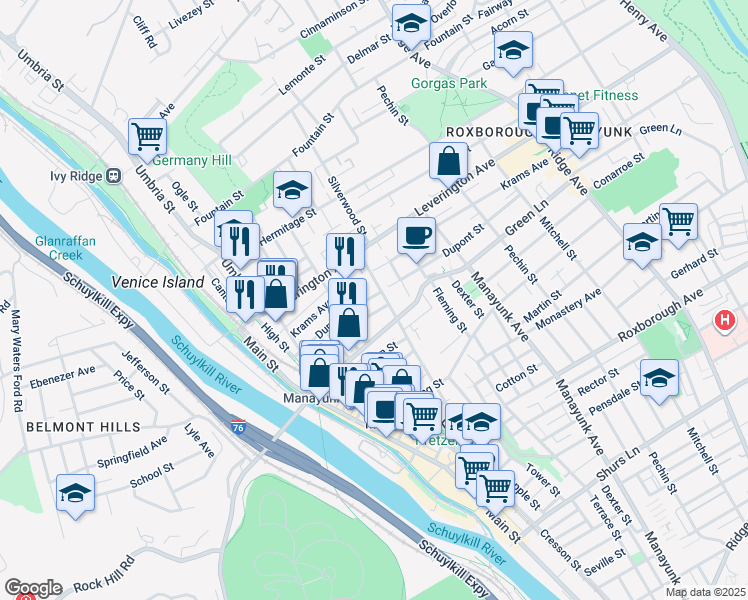 map of restaurants, bars, coffee shops, grocery stores, and more near 221 Dupont Street in Philadelphia