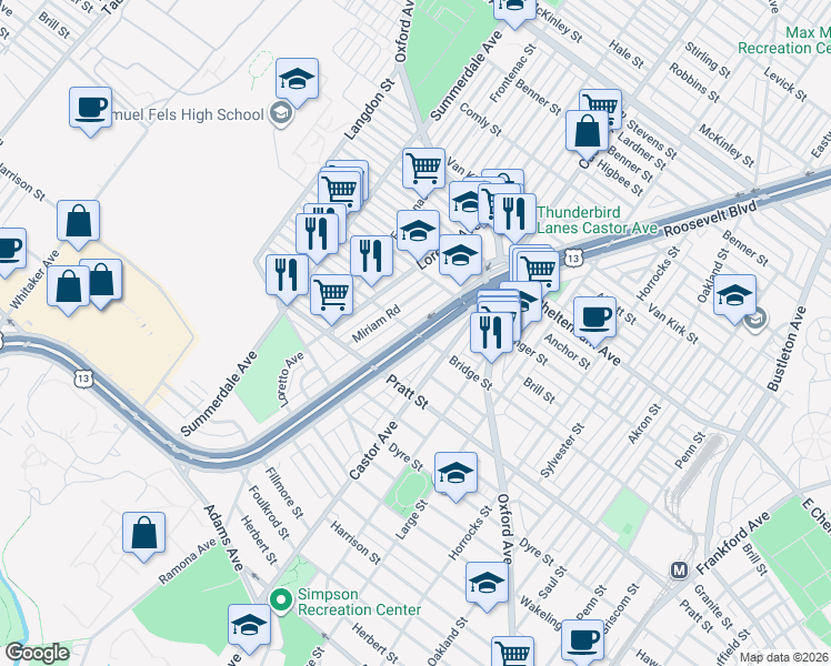 map of restaurants, bars, coffee shops, grocery stores, and more near Roosevelt Blvd & Bridge St in Philadelphia