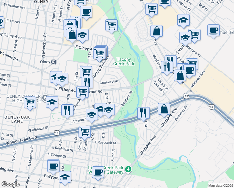 map of restaurants, bars, coffee shops, grocery stores, and more near 5252 Marwood Road in Philadelphia