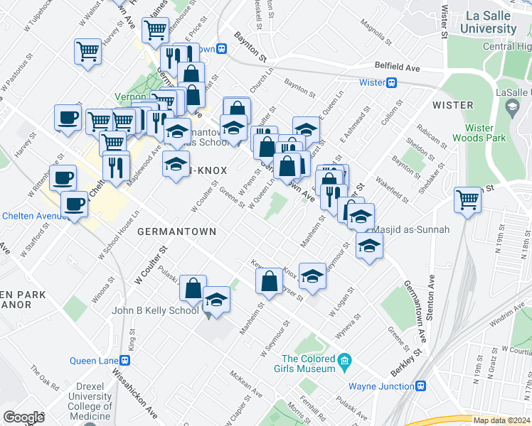 map of restaurants, bars, coffee shops, grocery stores, and more near 5217 Greene Street in Philadelphia